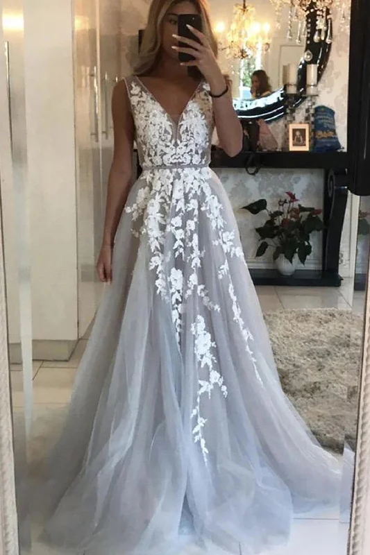 Grey Tulle A-Line V-Neck Wedding Dress with Appliques