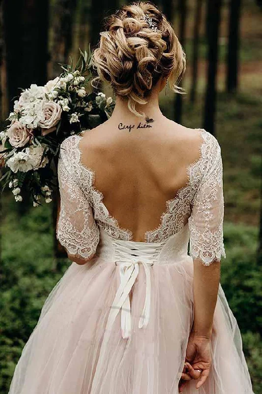 Half Sleeves Pink Backless Lace Up Floor Length Wedding Dress  WD367