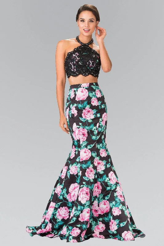 Halter-Neck Two-Piece Floral Print Long Prom Dress