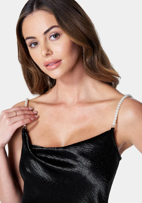 Hammered Satin Cowl Neck Pearl Strap Maxi Dress