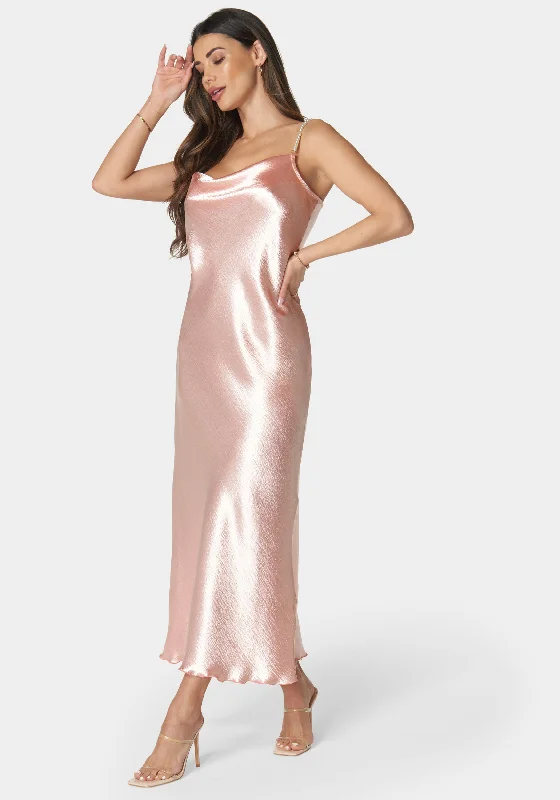 Hammered Satin Cowl Neck Pearl Strap Maxi Dress