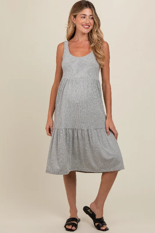 Heather Grey Tiered Sleeveless Maternity Midi Dress