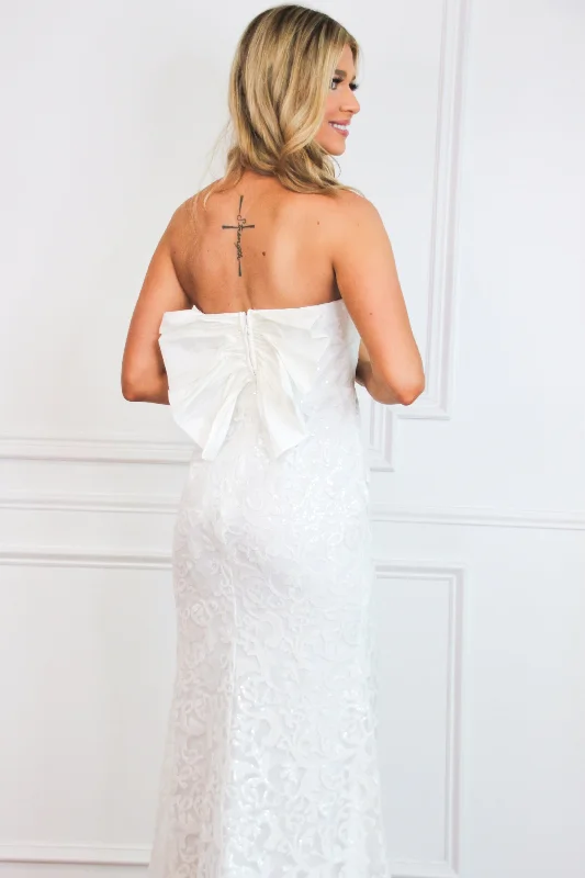 Hello Lover Bow Back Shimmer Lace Maxi Dress: White