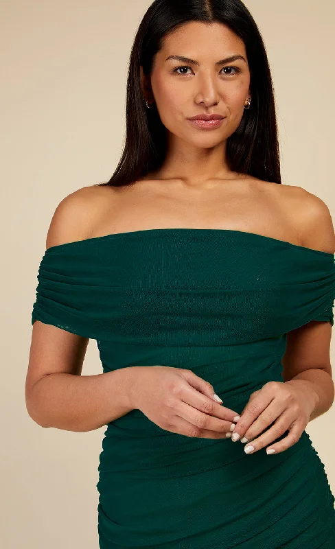 Hoxton Emerald Green Bardot Ruched Bodycon Midi Dress