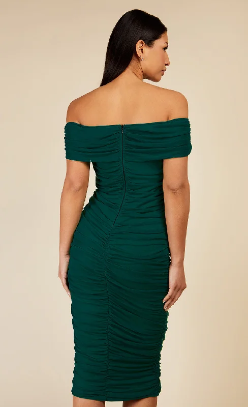 Hoxton Emerald Green Bardot Ruched Bodycon Midi Dress