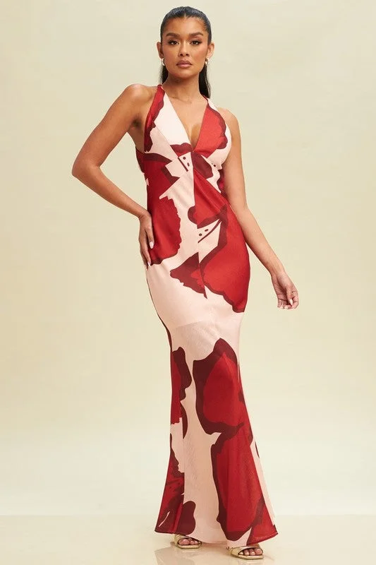 Isadora Sleeveless Cross Back Floral Print Maxi Dress Red