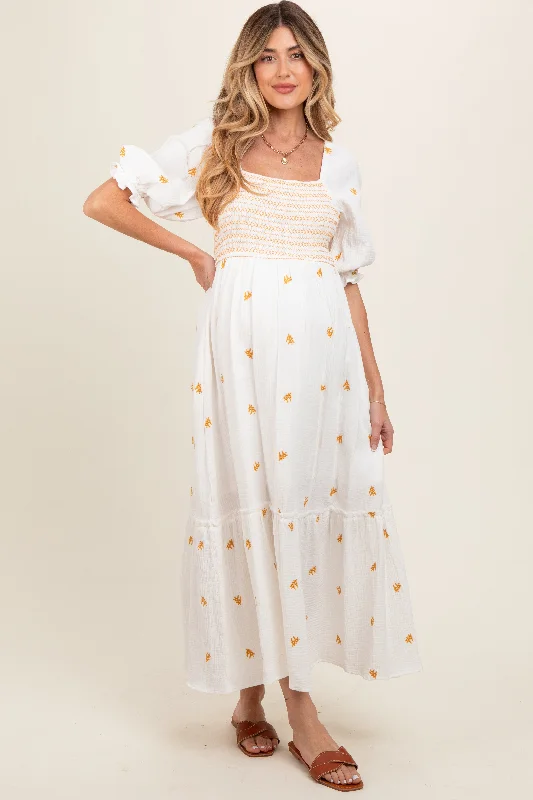 Ivory Gauze Smocked Embroidered Square Neck Maternity Midi Dress