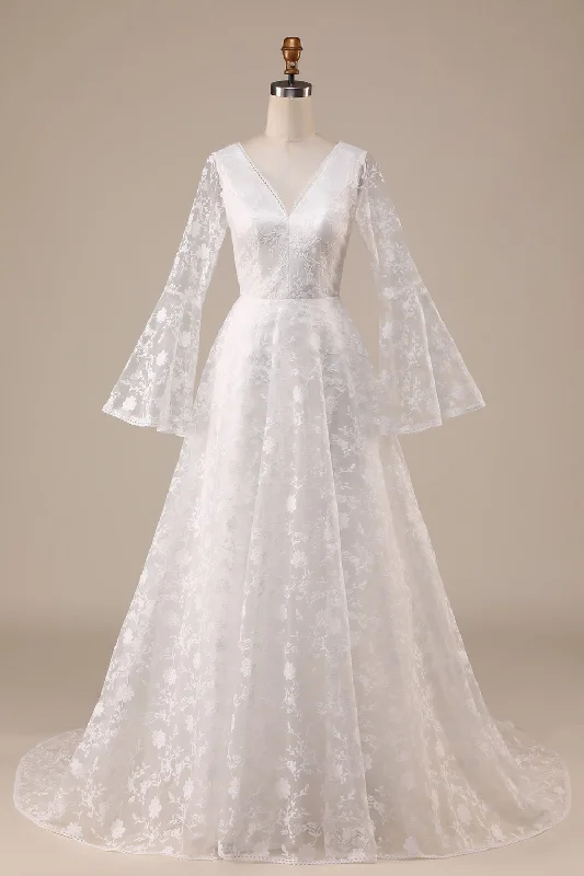 Ivory Lace Flare Sleeves A-Line Wedding Dress