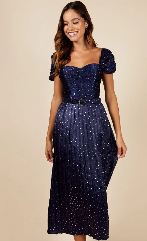 Jackson Navy Gold Foil Satin Pleated Belted Midaxi Dress