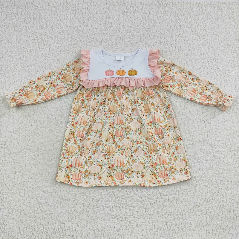 Kids girl pumpkins embroidery floral ruffle lace dress GLD0238