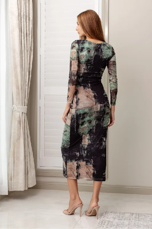 LA FEI LONG SLEEVE MAXI DRESS - Green Orange Multi Print