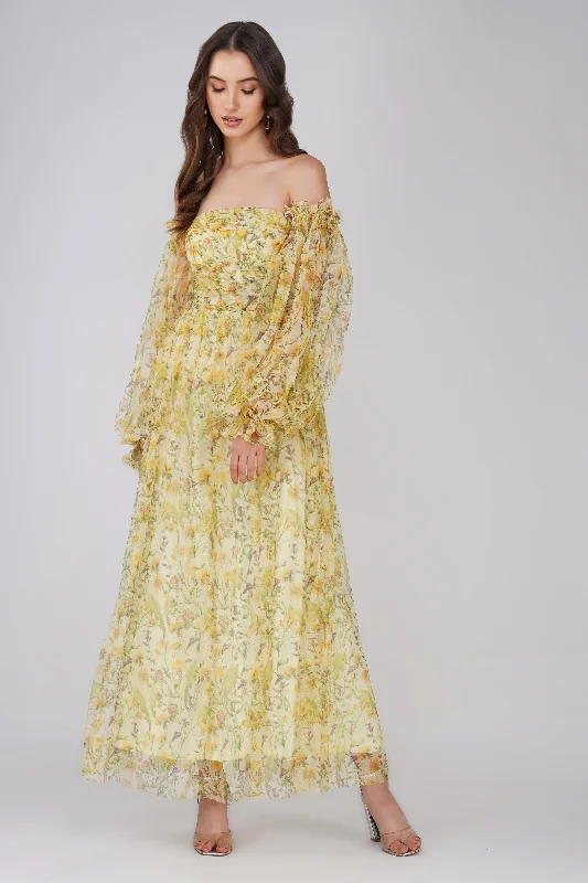 Lana Yellow Printed Tulle Maxi Dress