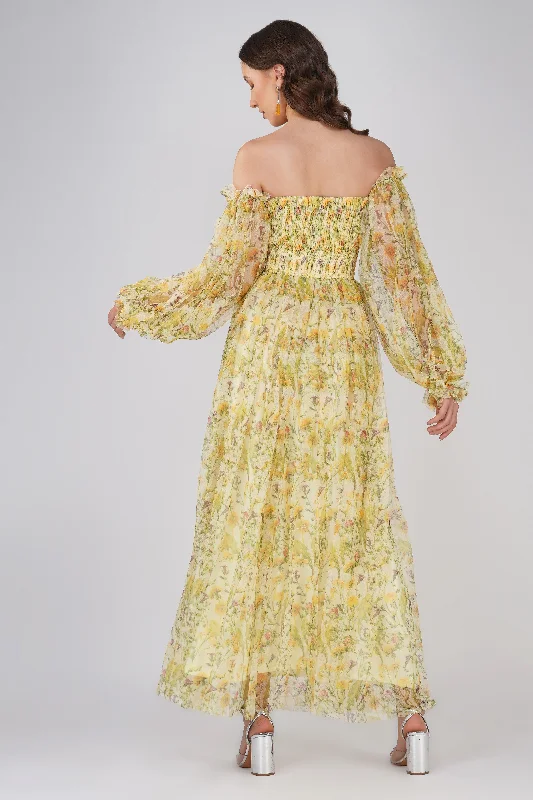 Lana Yellow Printed Tulle Maxi Dress