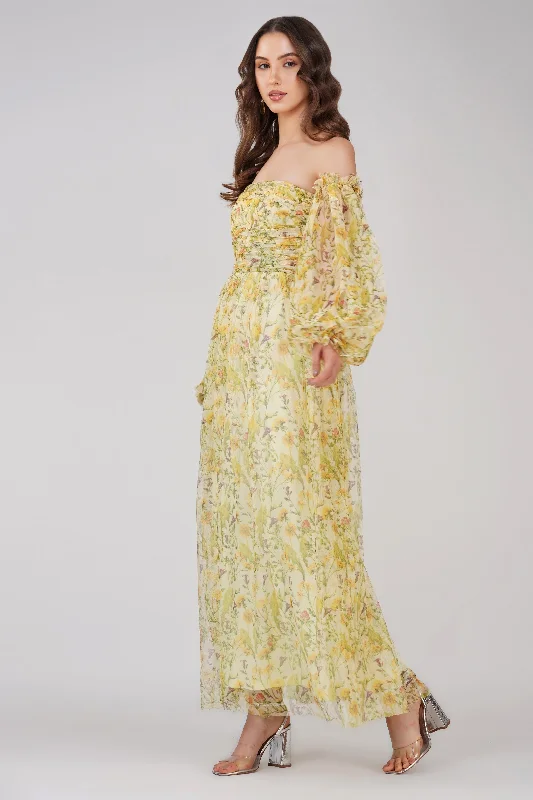 Lana Yellow Printed Tulle Maxi Dress