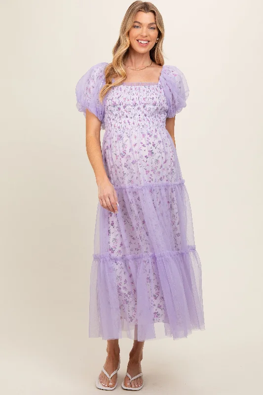 Lavender Floral Lined Smocked Tulle Maternity Midi Dress