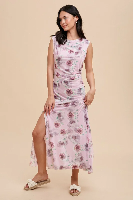 Lavender Rose Print Ruched Mesh Maternity Dress