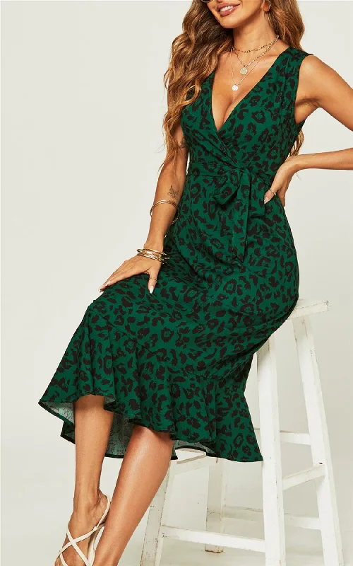 Leopard Print Asymmetric Hem Frill Detail Midi Dress In Green