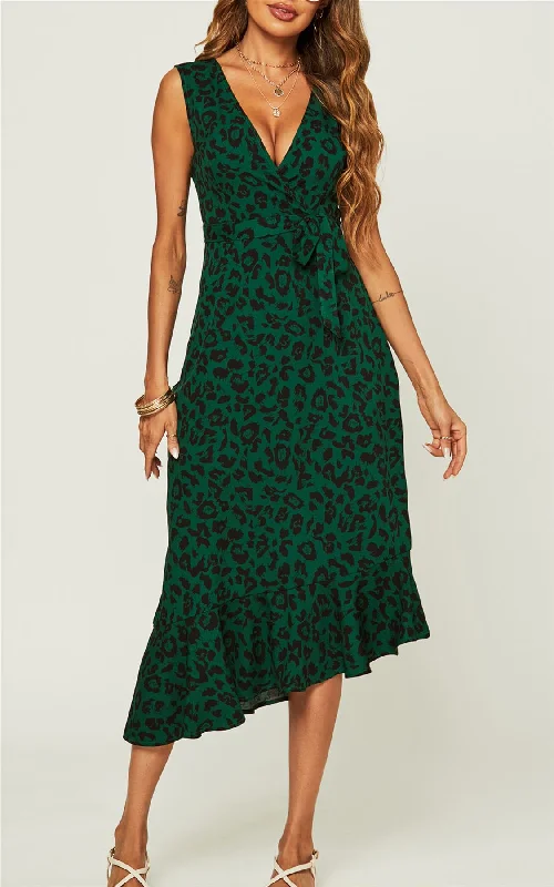 Leopard Print Asymmetric Hem Frill Detail Midi Dress In Green