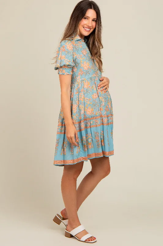 Light Blue Floral Button Up Ruffle Hem Maternity Dress