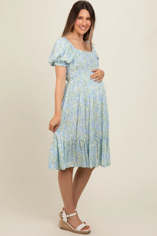 Light Blue Floral Puff Sleeve Smocked Chest Maternity Dress