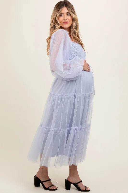 Light Blue Mesh Tiered Long Sleeve Maternity Maxi Dress