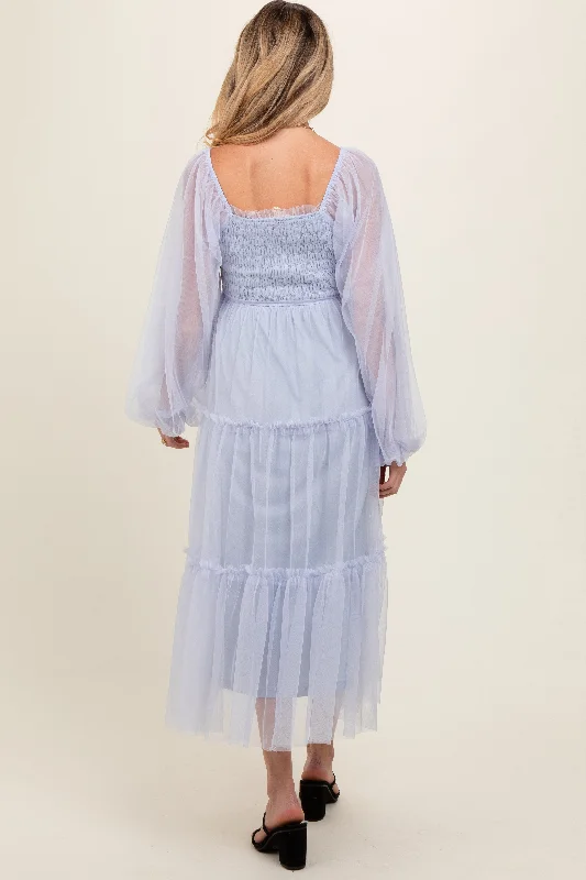 Light Blue Mesh Tiered Long Sleeve Maternity Maxi Dress