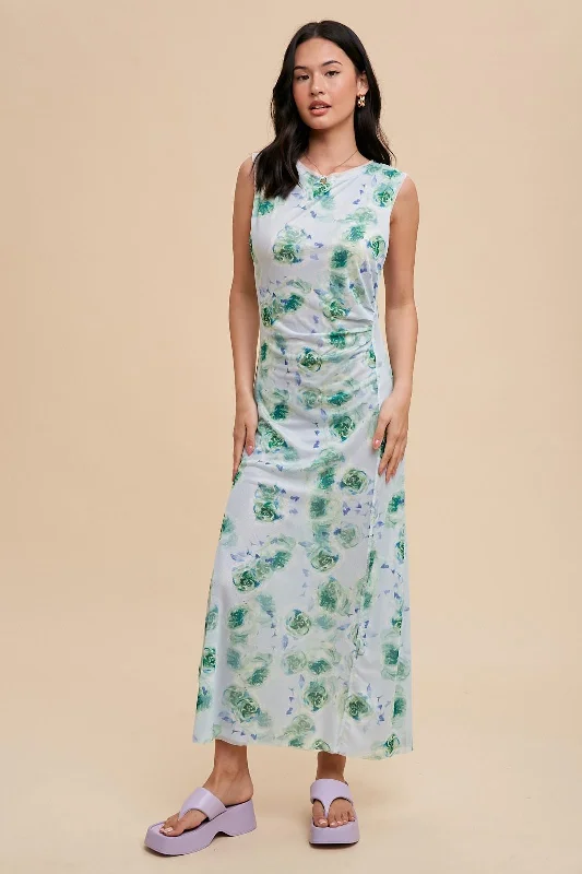 Light Blue Rose Print Ruched Mesh Maternity Dress