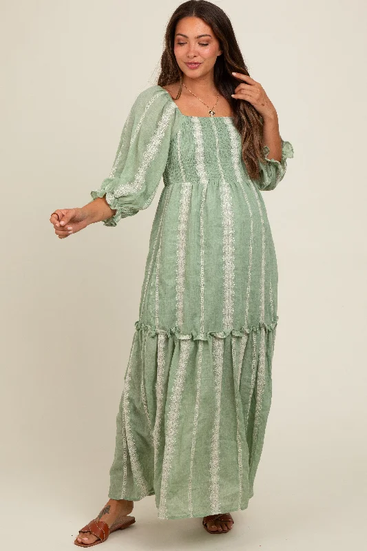 Light Olive Embroidered Detail Smocked Top Maternity Maxi Dress