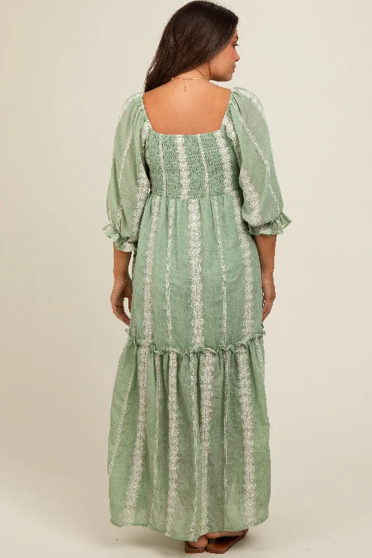 Light Olive Embroidered Detail Smocked Top Maternity Maxi Dress