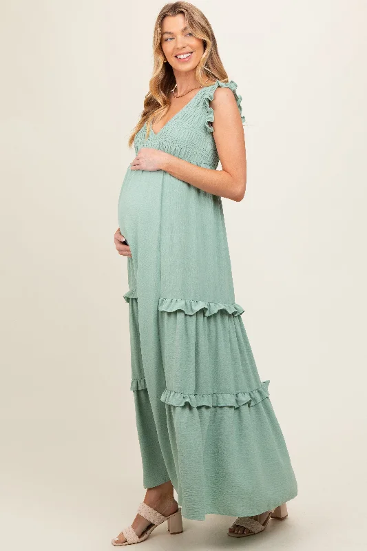 Light Olive Smocked Ruffle V-Neck Maternity Maxi Dress