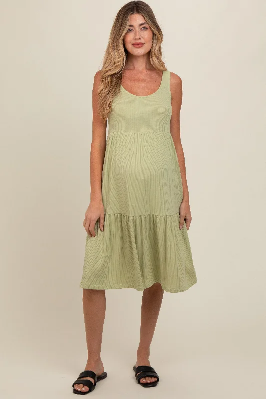 Light Olive Tiered Sleeveless Maternity Midi Dress