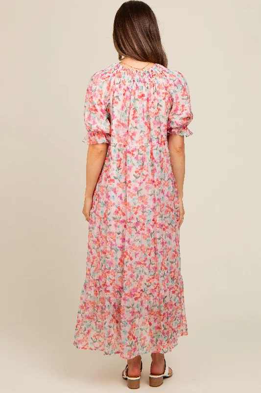 Light Pink Floral Front Tie Button Up Maternity Maxi Dress