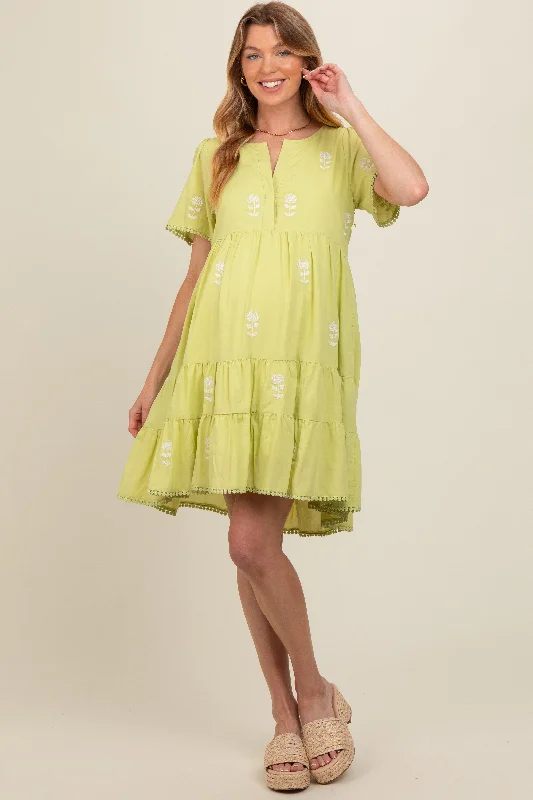 Lime Embroidered Split Neck Maternity Dress