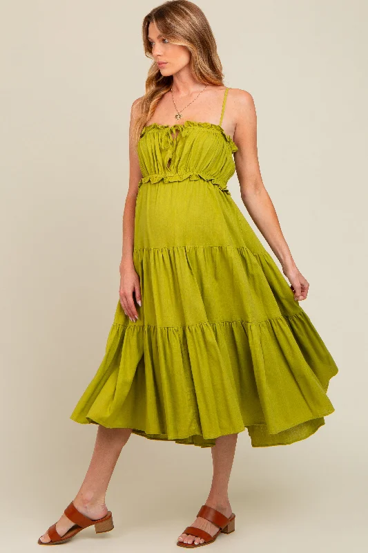 Lime Front Tie Cutout Tiered Maternity Midi Dress