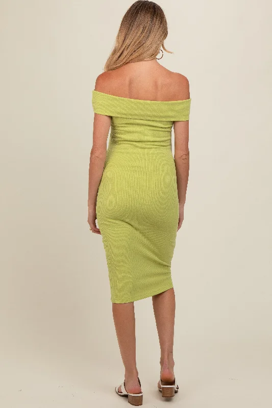 Lime Ribbed Knit Off Shoulder Maternity Midi Dress