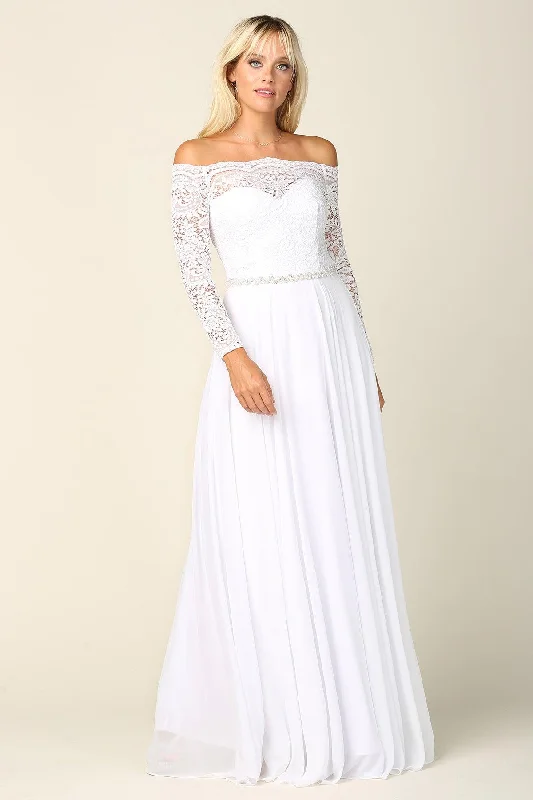 Long Off Shoulder Lace Chiffon Wedding Dress