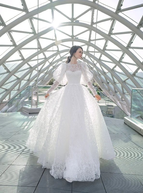 Long Puffy Sleeve Lace Wedding Dress