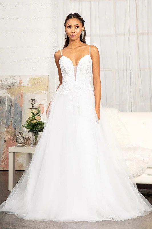 Long Spaghetti Strap 3D Floral Applique Wedding Gown