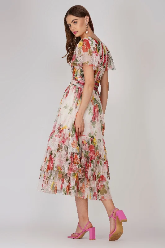 Madison Tulle Midi Dress in Floral Print