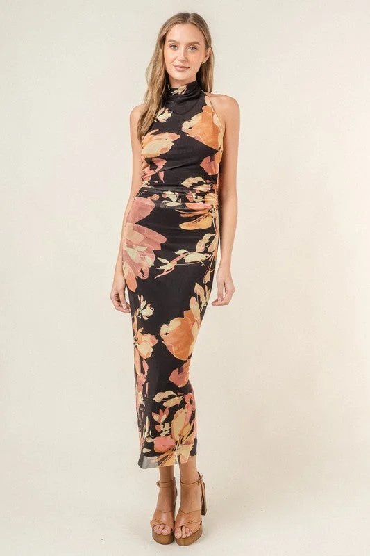 Waitlist 10/20 ♥ Marjorie Halter Neck Floral Print Mesh Midi Dress Black