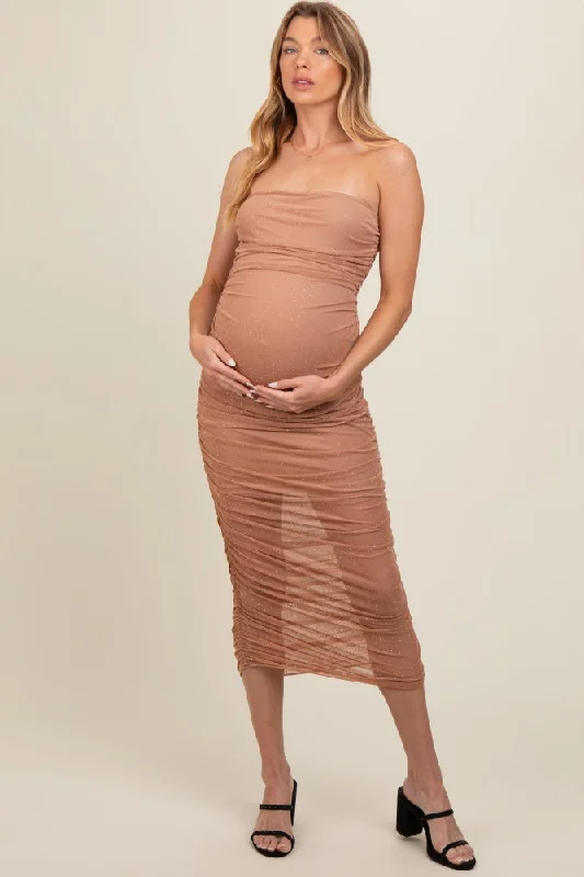 Mocha Embellished Mesh Strapless Ruched Maternity Dress