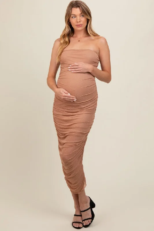 Mocha Embellished Mesh Strapless Ruched Maternity Dress