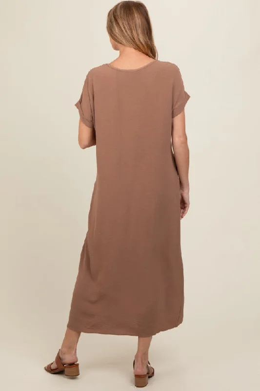 Mocha Rolled Cuff Maternity Midi Dress