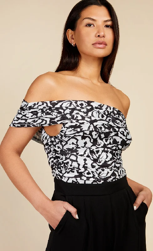 Monochrome Printed Mesh Bardot Jumpsuit