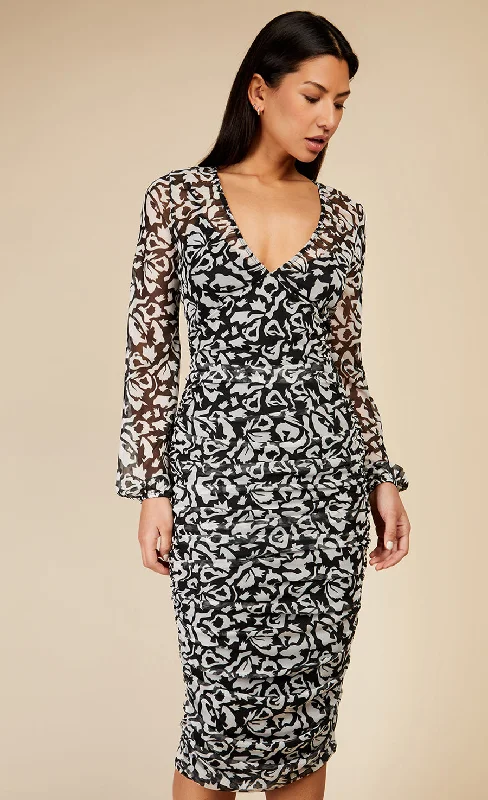 Monochrome Printed Mesh Midi Bodycon Dress