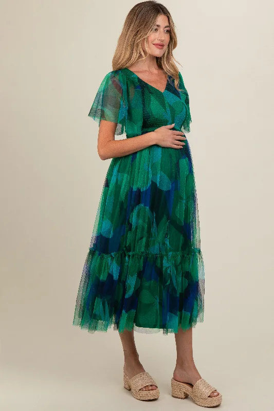 Navy Blue Leaf Print Mesh Smocked Maternity Midi Dress