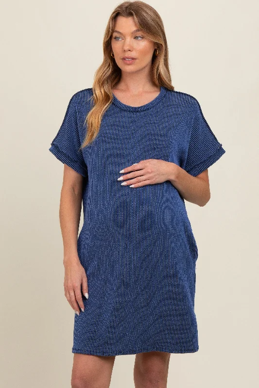 Navy Ribbed Rolled Cuff Maternity Dress