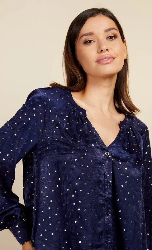 Navy Spot Foil Print Blouse by Vogue Williams