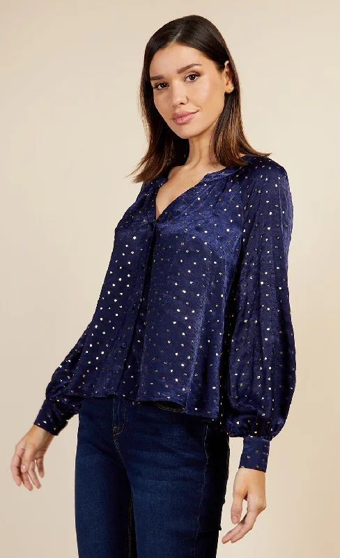 Navy Spot Foil Print Blouse by Vogue Williams