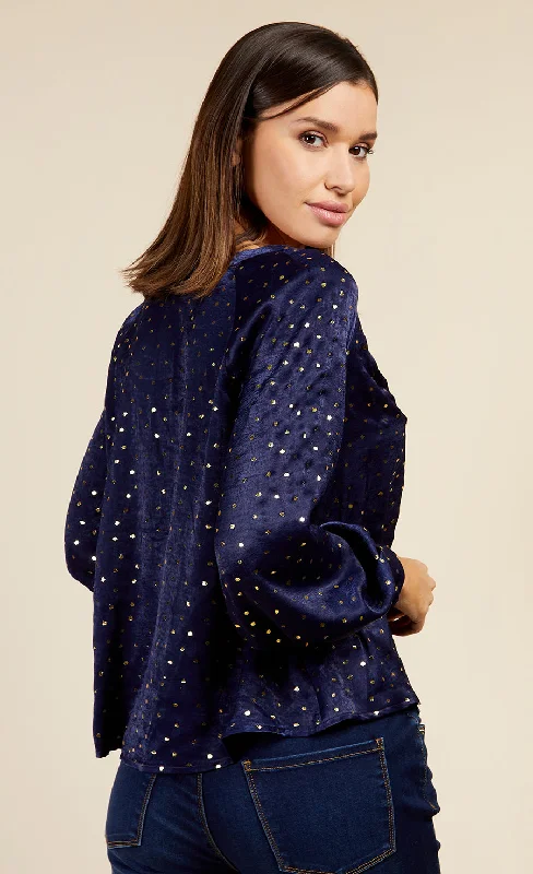 Navy Spot Foil Print Blouse by Vogue Williams